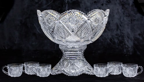 Hard to Find Hawkes Aberdeen American Brilliant Cut Glass Punch Bowl Set