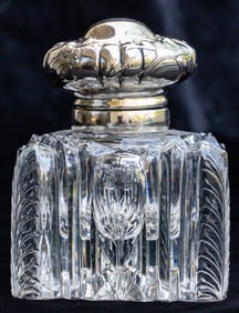 Handsome Square Rock Crystal Brilliant Cut Glass Inkwell w/ Gorham Sterling Silver
