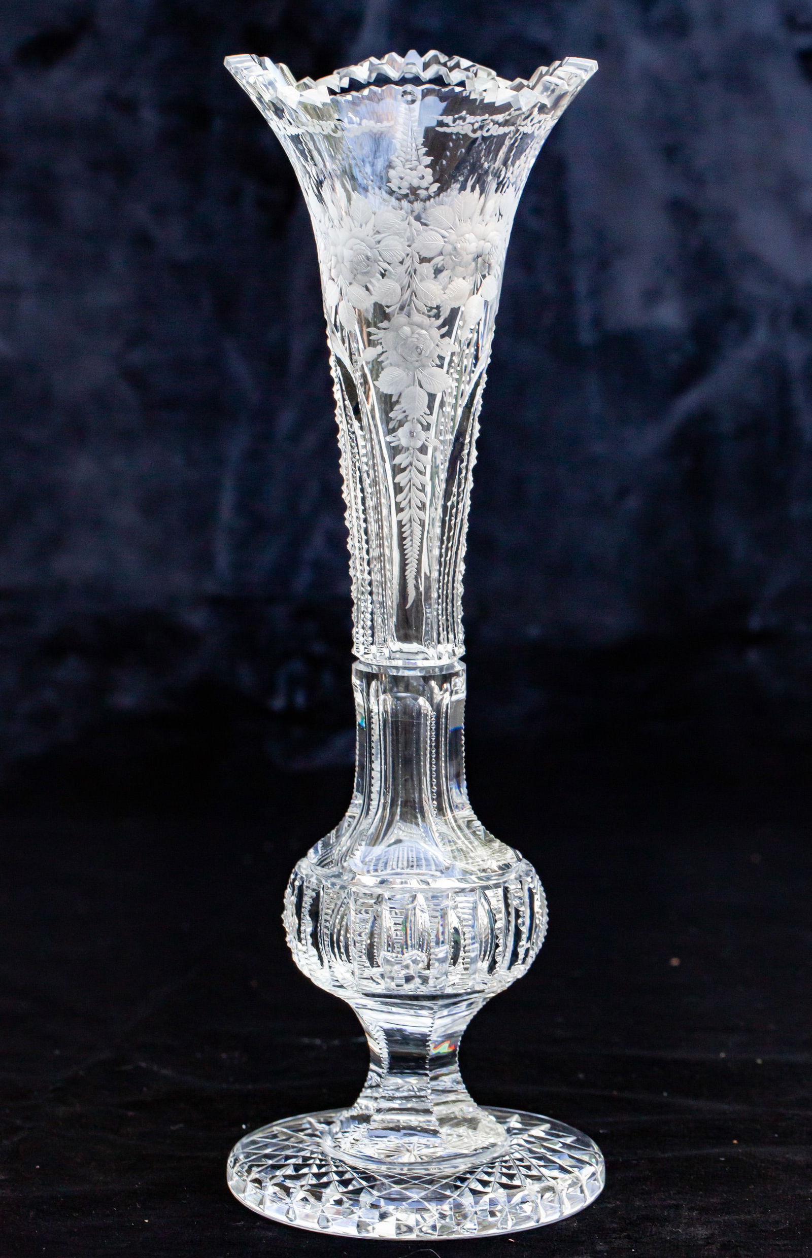 Elegant J. Hoare Cut & Engraved Brilliant Cut Glass Bulbous Vase: This blank was cut almost exclusively by J. Hoare and features the style of hobstar they used on the base. It has a great combination of cutting and engraving.