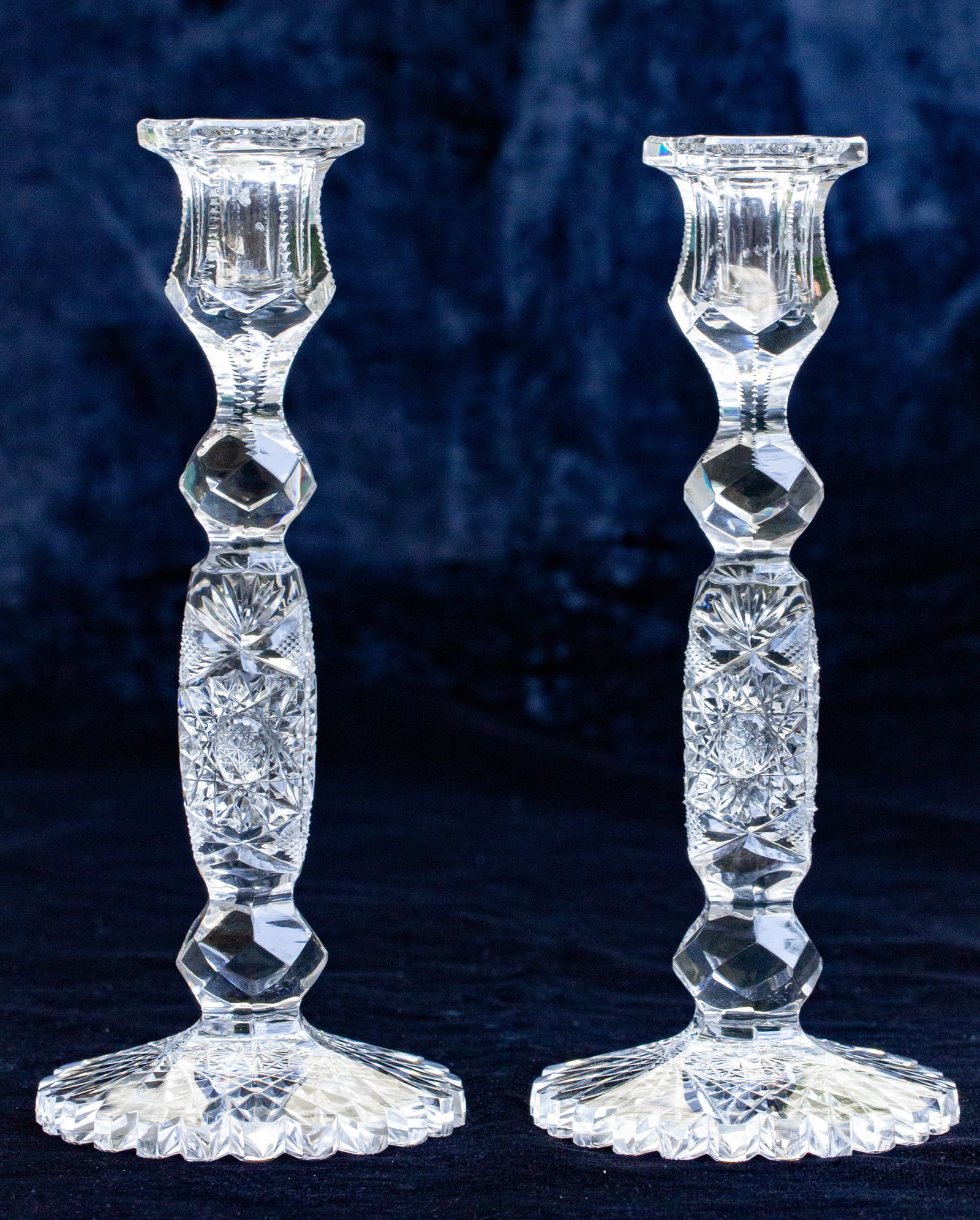 Beautiful Pair of Candlesticks American Brilliant Cut Glass Scalloped Foot: High quality, old pair of candlesticks with deep cutting and scalloped hobstar feet.