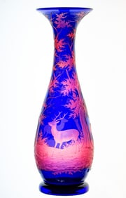 Exotic Cobalt/Cranberry Engraved Brilliant Period Cut Glass Vase w/ Deer