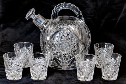 Rare Libbey Venetia American Brilliant Cut Glass Rum Jug/Whiskey Set