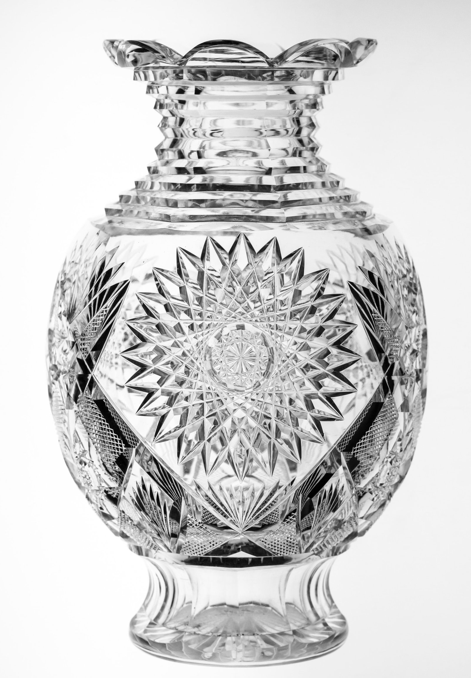 Unusual Hawkes Bulbous American Brilliant Period Cut Glass Vase: Really unusual shape signed Hawkes on the base - I have seen this shape used in some of the Hawkes advertisements from the period but not this design.