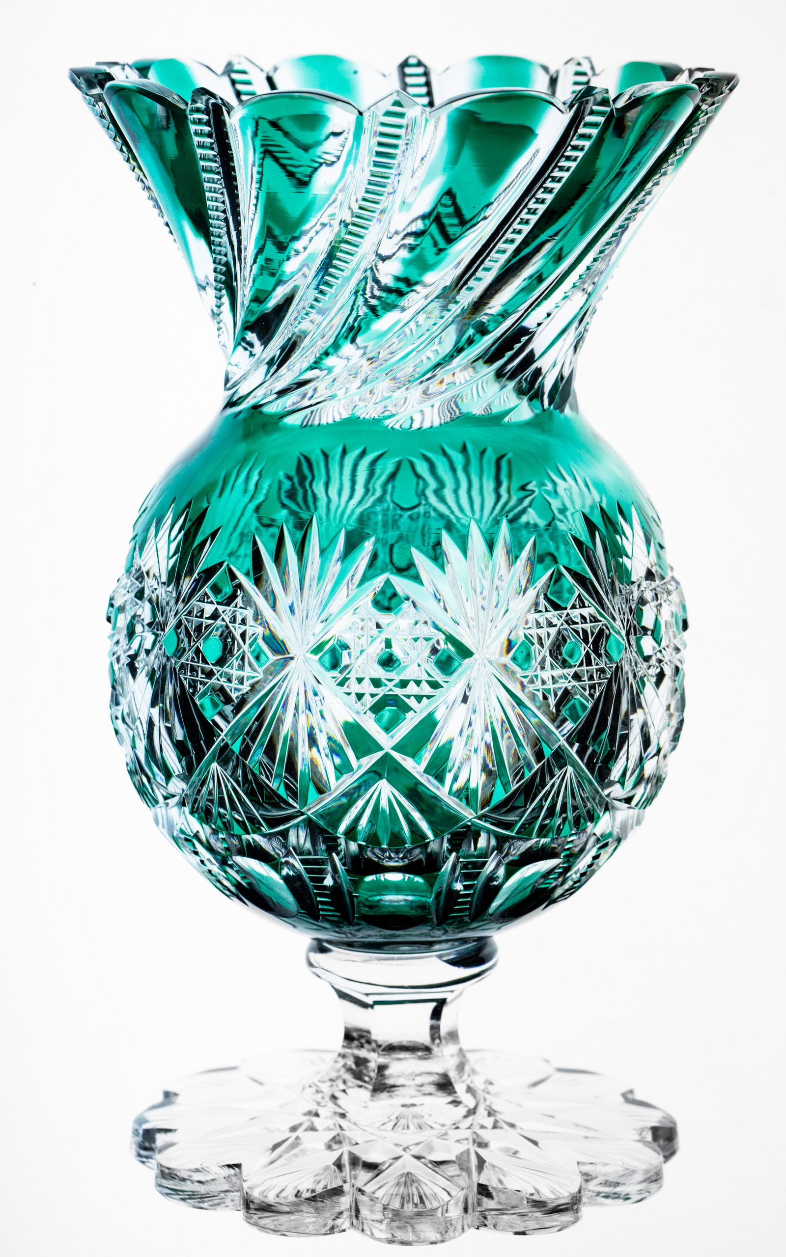 The BEST J. Hoare Turquoise to Clear Croesus Roseglobe Vase American Brilliant Cut Glass: This is the type of piece I personally get most excited about - a true museum-quality example that was uncirculated until this very moment. Would you believe this piece was found in a small auto-garag