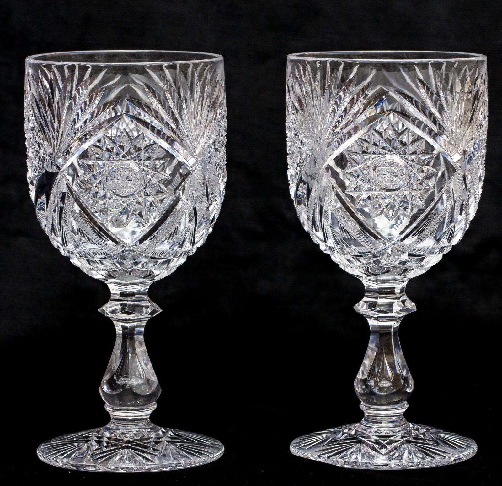 Incredible Pair of Rare Straus La Rabida American Brilliant Period Cut Glass Goblets: One of the best and most difficult to find designs by L. Straus - La Rabida. Unbelievable tiny Russian cutting fits into a diamond shaped field bordered by clear-tusk cutting. An unbelievable amount o