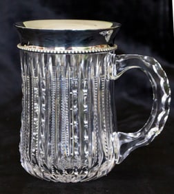 Rare American Brilliant Period Cut Glass Beer Mug Sterling Silver Rim