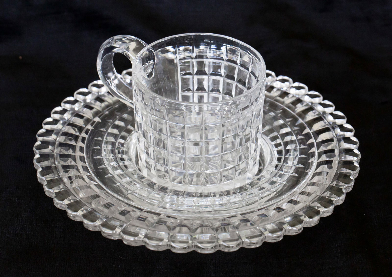 Extremely Unusual Mt. Washington 3 piece Cup/Saucer Set Brilliant Cut Glass (1 of 4)