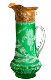 Incredible Stevens & Williams Green to Clear Cut Glass Engraved Pitcher Gilded Sterling Silver