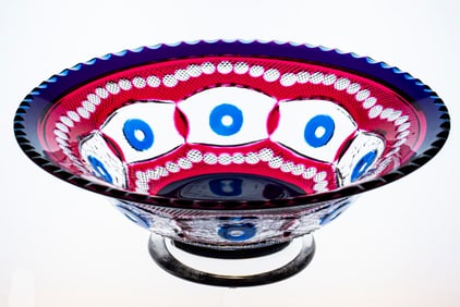 A Most Unique Val Saint Lambert? Cut Glass Footed Bowl Cobalt over Clear over Cranberry