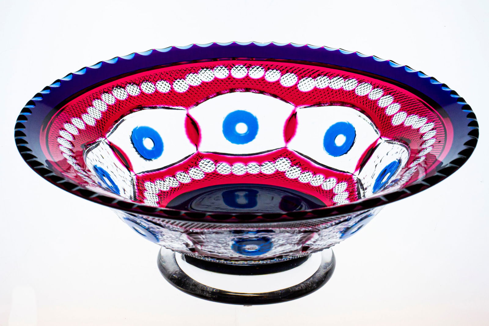 A Most Unique Val Saint Lambert? Cut Glass Footed Bowl Cobalt over Clear over Cranberry (1 of 7)