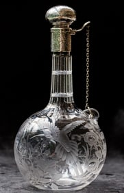Incredible Bird & Spiderweb Gorham Sterling Flip Top Brilliant Cut Glass Decanter