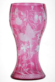 WOW Incredible Cranberry to Clear Engraved Cut Glass Bird Vase