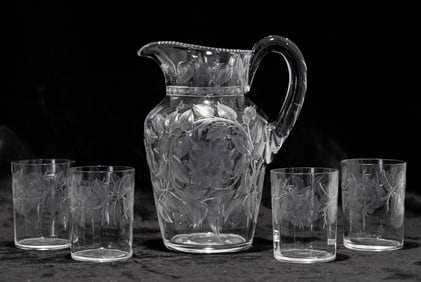 Elegant Tuthill Wild Rose American Brilliant Cut Glass Engraved Water Set