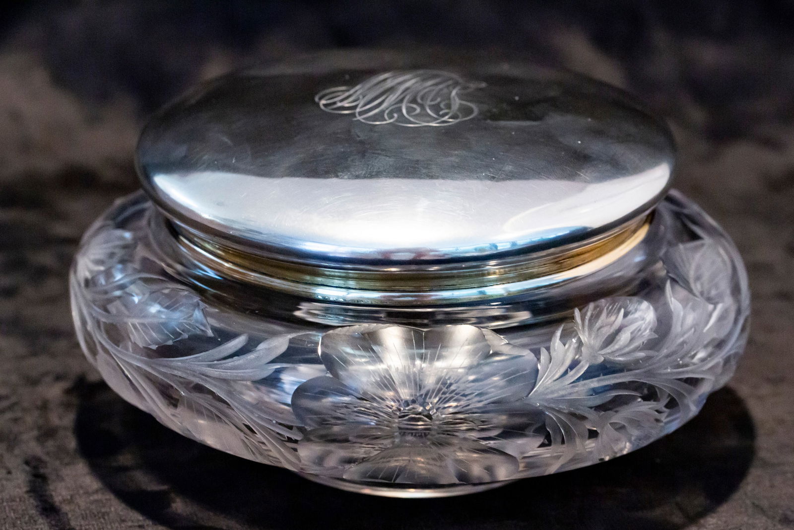 Nice Tuthill Deep Wildrose Gorham Silver Lid American Brilliant Cut Glass Dresser Jar: This very large dresser charge has deep carved wildrose intaglio by Tuthill. It's signed on the base with the Tuthill logo. The lid is marked Gorham and has a heavy gold interior wash.