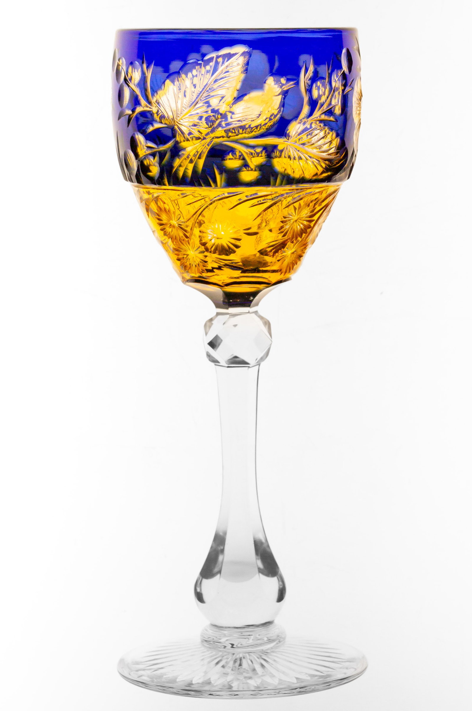 Exceptional Stevens & Williams Cobalt to Amber Brilliant Cut Glass Crystal Hock Wine: Unbelievable hock wine from Stevens & Williams in cobalt to amber to clear - both cut and engraved. The engraving is extremely impressive with birds, butterflies, and foliage engraved and polished. Th