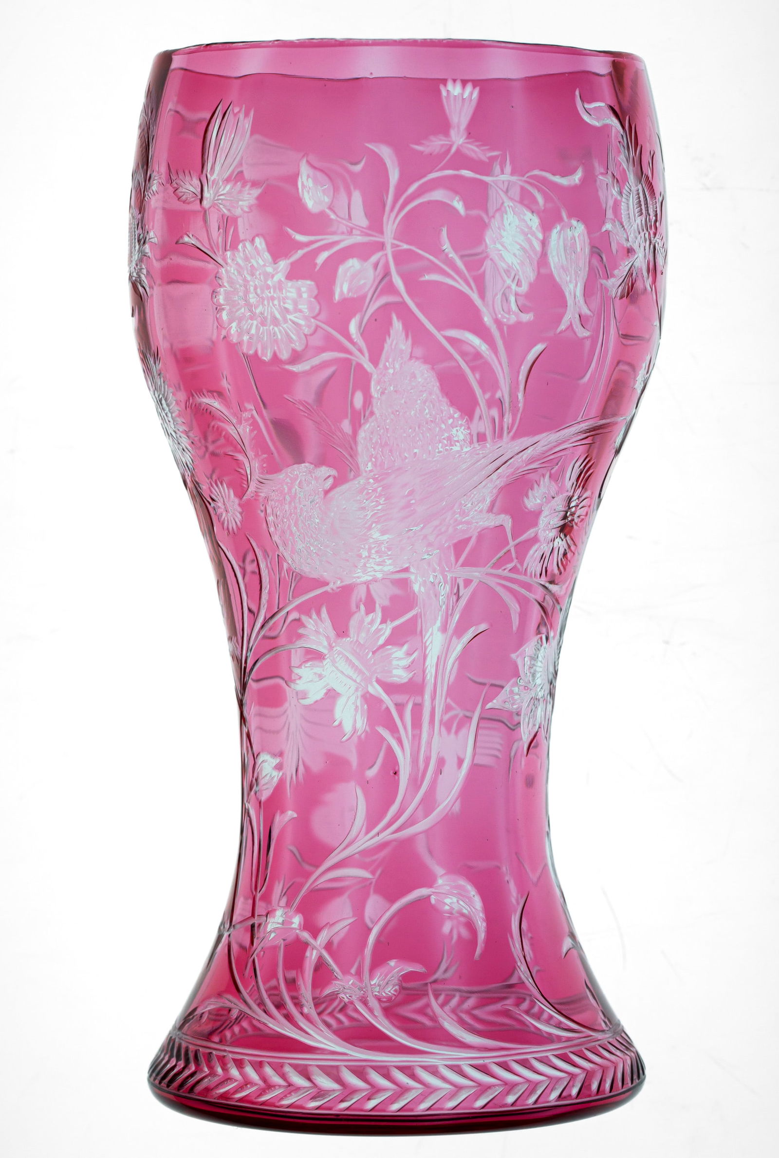 WOW Incredible Cranberry to Clear Engraved Cut Glass Bird Vase (1 of 6)