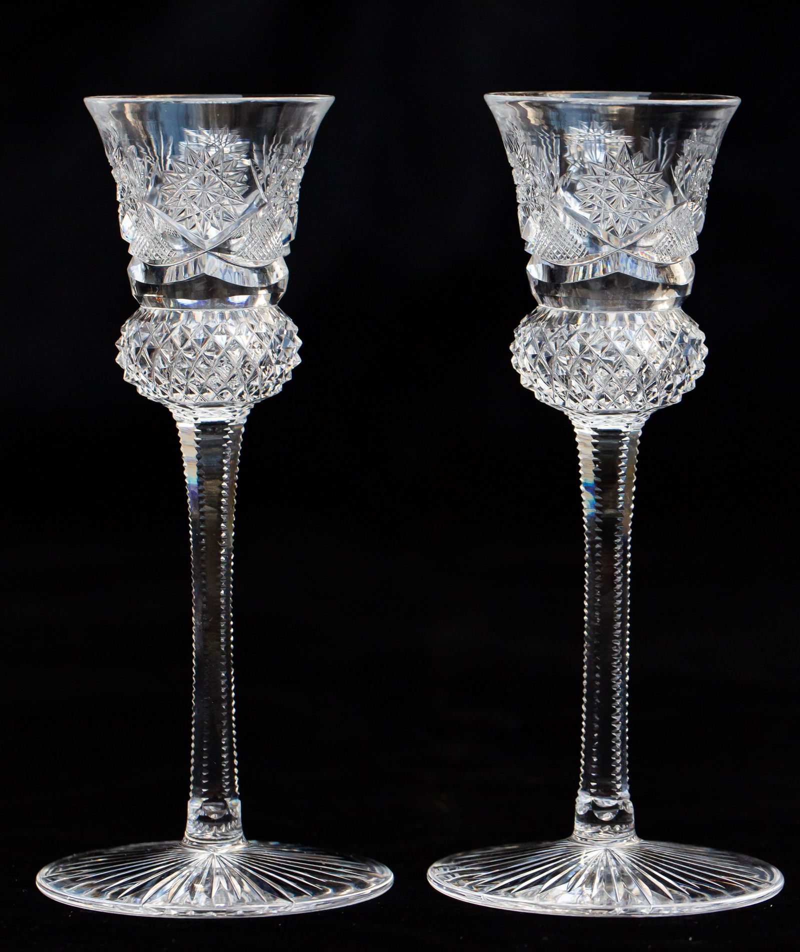 Unusual Pair Libbey Footed Thistle-Shaped American Brilliant Cut Glass Cordials (1 of 6)