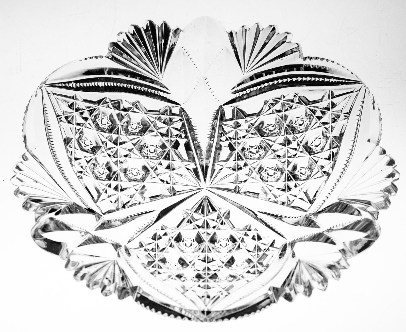 Nice Old American Brilliant Period Cut Glass Crystal 7" Plate: Very unusual 7" plate from the early part of the brilliant period. Features gorgeous clear button hobstar clusters like Persian cuting and a modified hollow diamond cutting in the corners. Unique all 