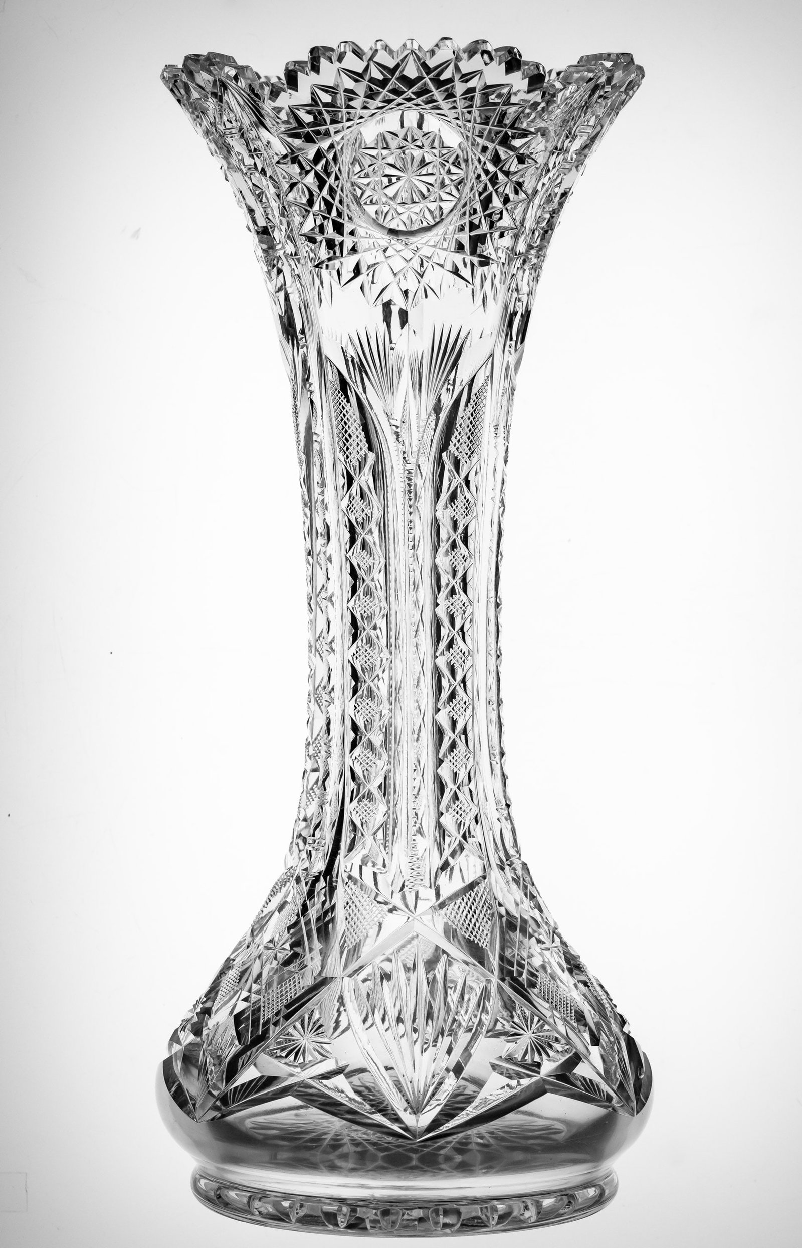 Nice Clark Camelia Bulbous American Brilliaint Period Cut Glass Vase: Nice vase by Clark in their Camelia design. Great size and signed faintly with the Clark signature on the base.