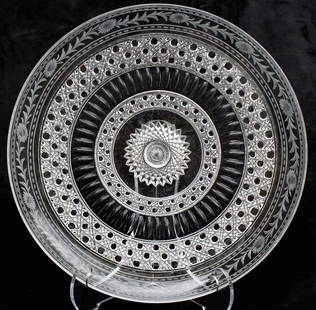 Elegant Extra Large American Brilliant Period Cut Glass Charger Tray: This is one of the largest sized trays I've ever seen from the Brilliant Period. It's signed Hawkes in the center over the giant hobstar and features cane cutting, clear scallps, and an engraved borde