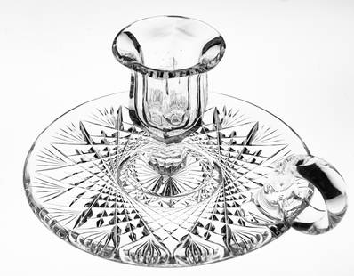 Very Rare J. Hoare American Brilliant Cut Glass Chamberstick Candle Holder: Chambersticks are incredibly rare cut glass items and this one is cut on an incredible blank by J. Hoare. Really nice, elaborate hobstar base. The only chamberstick my dad ever found.