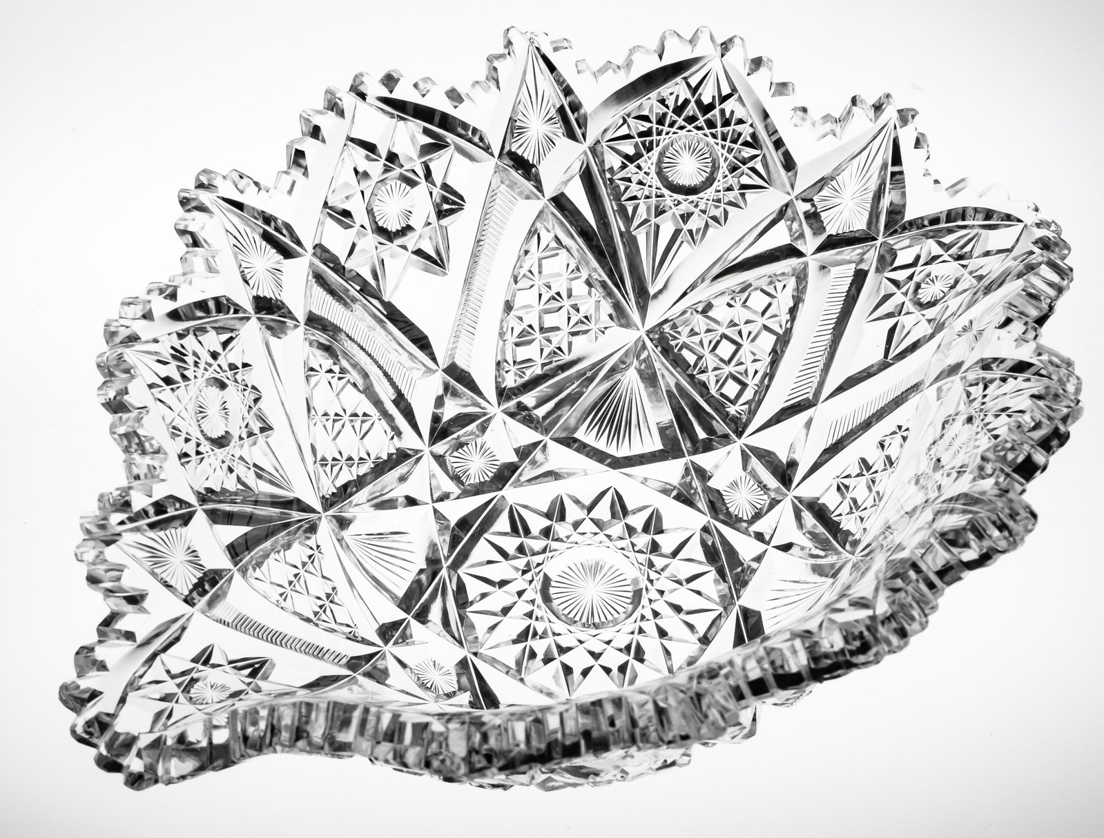 Thick, Heavy Straus Wales American Brilliant Period Cut Glass Napoleon's Hat: Seldom seen Straus Wales design cut on a very heavy, thick blank. Features many Straus motifs. My dad loved how thick and heavy this was.