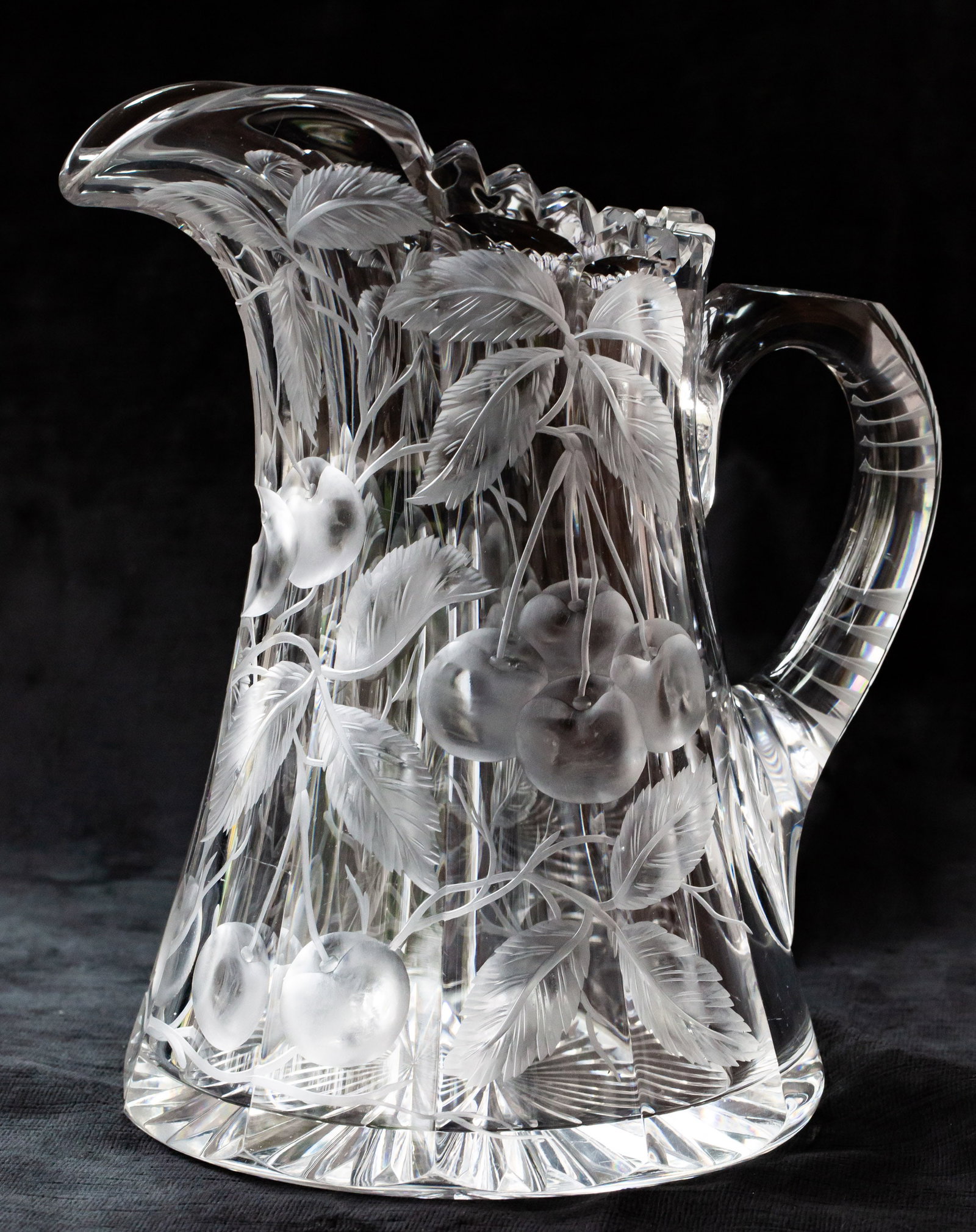 Gorgeous Libbey Intaglio Cherries American Brilliant Period Cut Glass Pitcher: My dad loved engraving, particularly by Libbey. This heavy intaglio piece signed by Libbey represents what some of the master engravers at Libbey were able to achieve - superior to even much of the wo