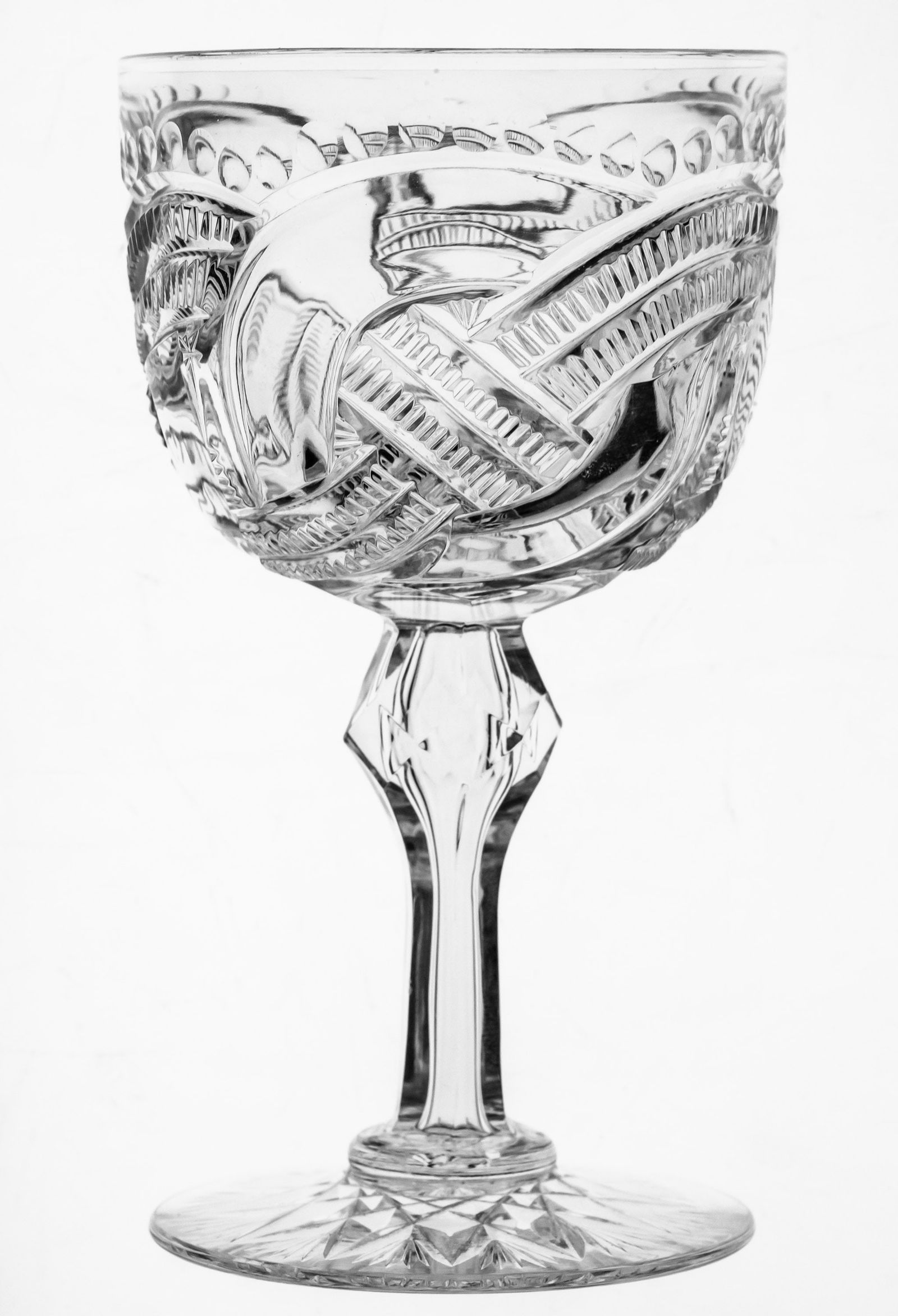 Exceptional Rare J. Hoare Wedding Ring Variant Brilliant Cut Glass Wine Stem: This is one of the rarest and most impressive stems I have ever had the opportunity to offer. It was cut by J. Hoare during the early part of the period in a variant of their Wedding Ring design. Hoar