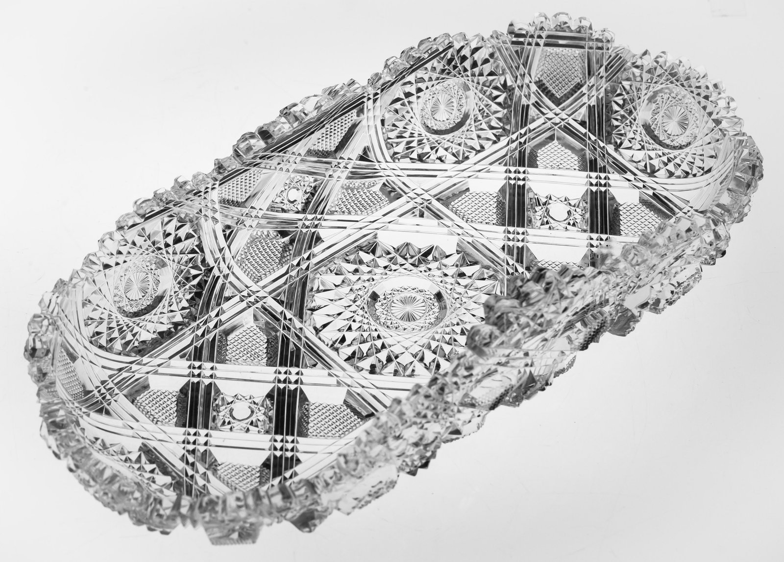 Gorgeous Rare Hawkes Early Imperial American Brilliant Period Cut Glass Dish: This celery or relish dish is in my favorite early pattern by Hawkes - Imperial. This pattern features incredible depth of cutting, weaving triple miter bands, and wood wheel polishing. I love how the