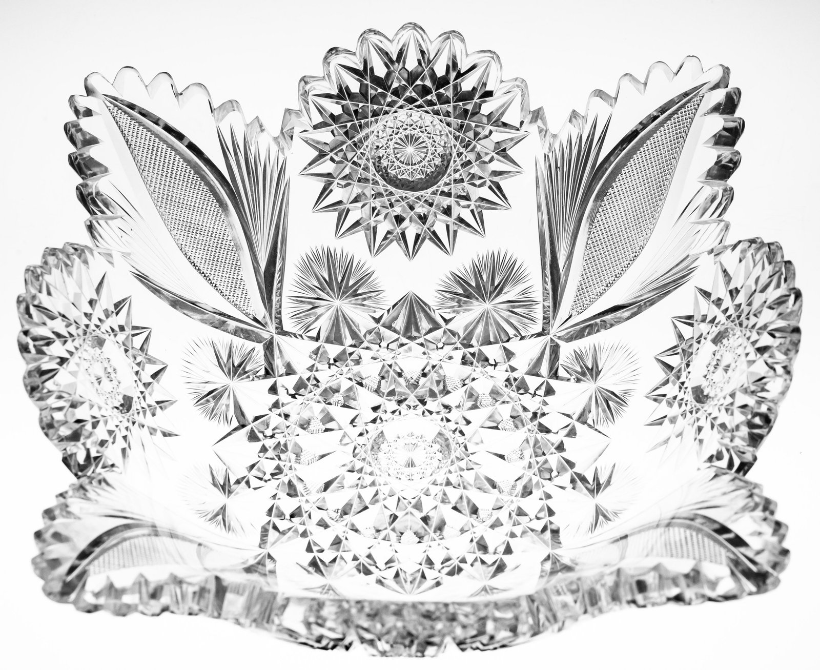Nice Hawkes Square #60 American Brilliant Period Cut Glass Square Bowl: Really nice example shown exactly in the Hawkes catalog in their No. 60 pattern. Amazing, elaborate hobstar interior splitting up the whole design. Fits this blank particularly well! Extremely sharp c