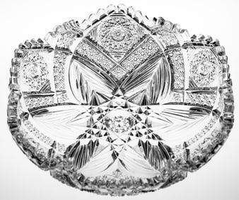 Meticulous Straus Silver Leaf American Brilliant Cut Glass Crimped Bowl