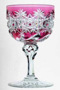 Spectacular J. Hoare Crystal Cranberry to Clear American Brilliant Cut Glass Wine Glass: This is as wonderful a colored stem as was ever made during the Brilliant Period - cut in J. Hoare's rare, early Crystal design. It features a border of Persian cutting above swirling, tusk cutting wh