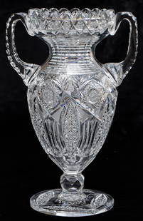 Incredible J. Hoare American Brilliant Period Cut Glass Handled Vase: Wow - it doesn't get nicer than this vase by the master at J. Hoare. The design is really special - in both shape and execution. The vase features two perfectly annealed handles cut with triple notchi
