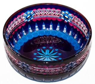 A Most Unique Val Saint Lambert? Cut Glass Punch Bowl Cobalt over Clear over Cranberry