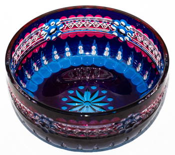 A Most Unique Val Saint Lambert? Cut Glass Punch Bowl Cobalt over Clear over Cranberry: This is one of the most difficult pieces to communicate through photos and a description - even in person it is initially confusing to figure out. This punch bowl was likely made by Val Saint Lambert