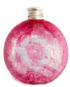 Incredible Stevens and Williams Cranberry to Clear Cut Glass Crystal Engraved Flask