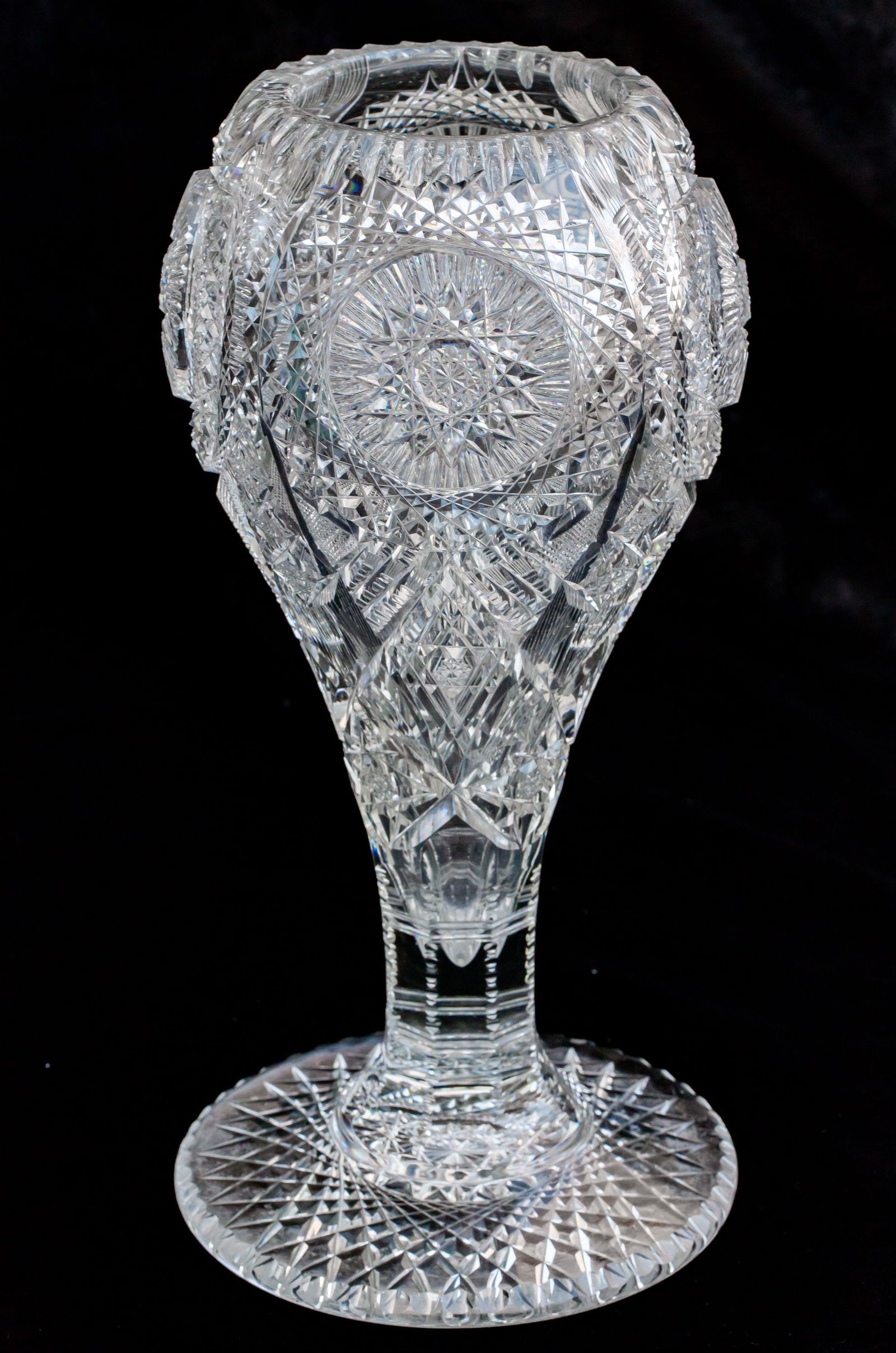 Massive Pairpoint American Brilliant Period Cut Glass Extra Heavy Vase: Really impressive vase cut by Pairpoint in their Japan pattern. Exact piece is shown in the catalog. This vase features a wide variety of unsual motifs. The one that immediately catches my eye is the