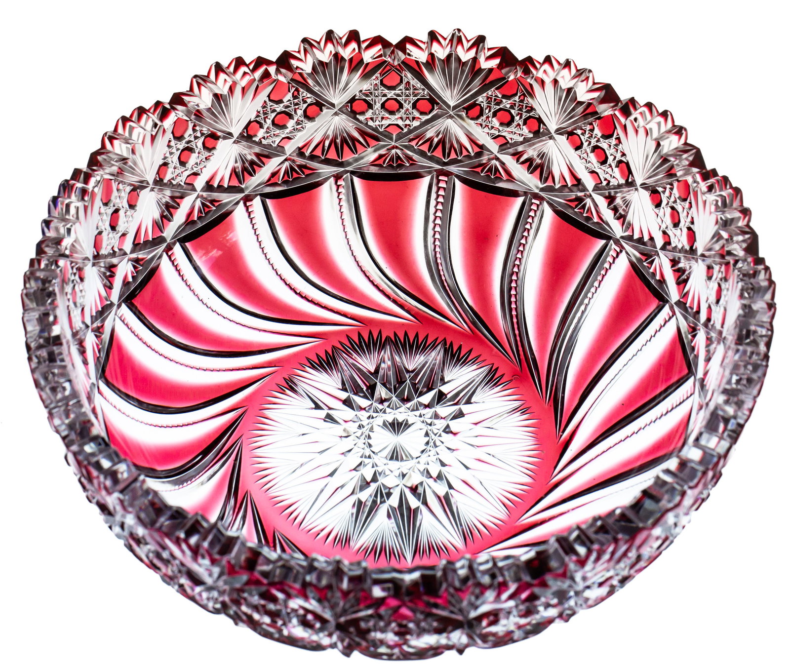 Stunning Reproduction J. Hoare Croesus Brilliant Cut Glass Bowl Cranberry to Clear: This beautiful bowl, in my opinion, is a reproduction piece made in the last 50 years. It does not blacklight like an old piece of J. Hoare would. It is cut in J. Hoare's Croesus in cranberry to clear