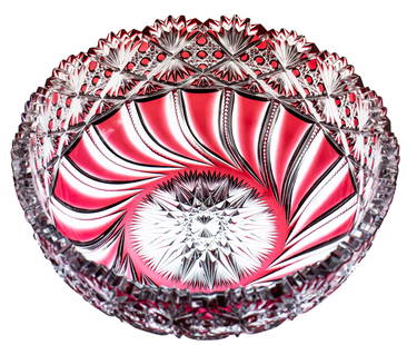 Stunning Reproduction J. Hoare Croesus Brilliant Cut Glass Bowl Cranberry to Clear: This beautiful bowl, in my opinion, is a reproduction piece made in the last 50 years. It does not blacklight like an old piece of J. Hoare would. It is cut in J. Hoare's Croesus in cranberry to clear