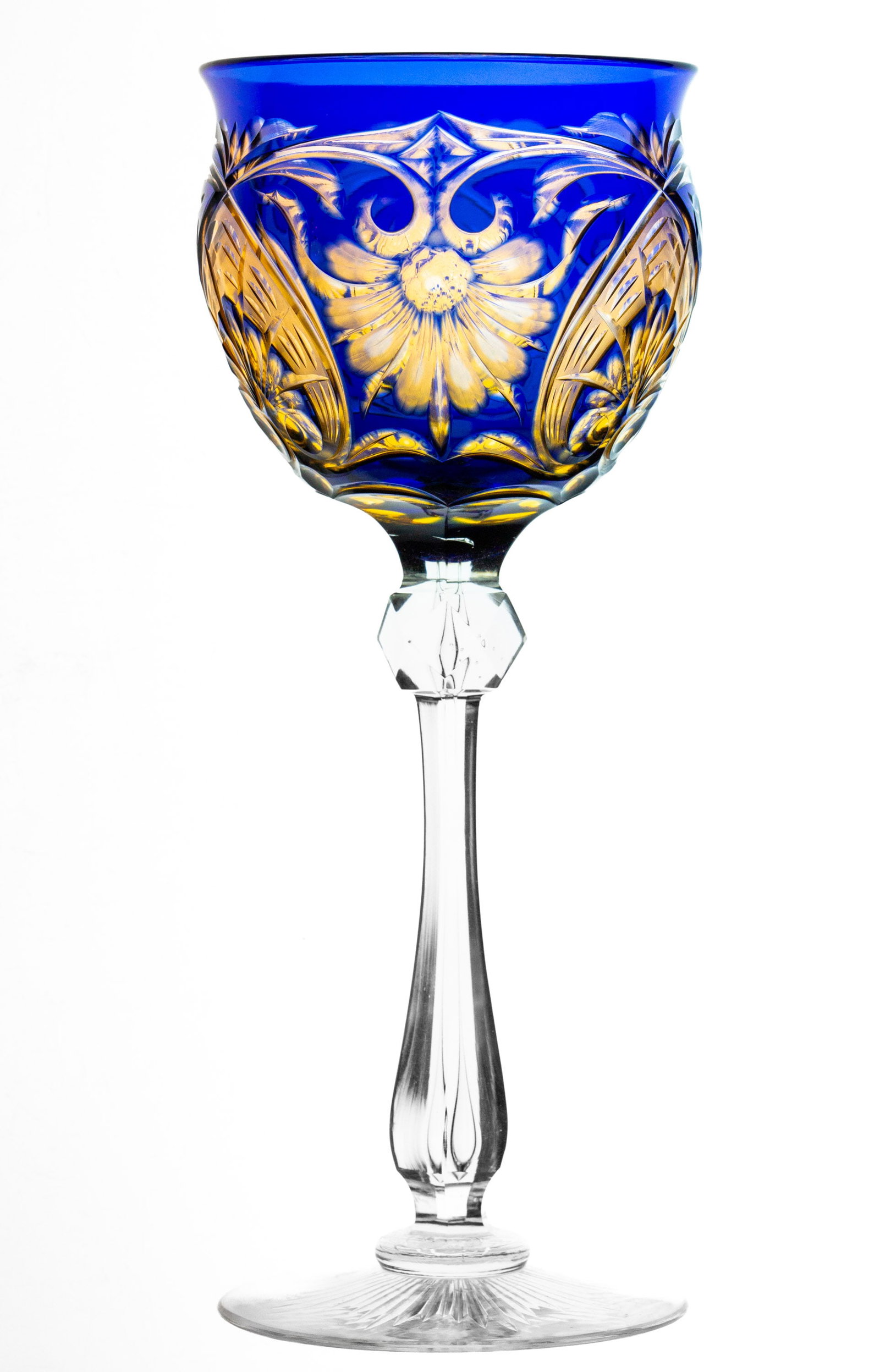 RARE Stevens and Williams 3 Color Brilliant Period Cut Glass Hock Wine Stem: This tall hock wine stem was made by the masters of color at Stevens & Williams. It features three distinct colors of cobalt, cinnamon, and citron (yellow). The amount of control in both the making of