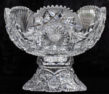 Rare Straus Constellation American Brilliant Period Cut Glass Punch Bowl: Great punch bowl in the seldom-seen Constellation pattern by Straus. really high quality with crosshatching cut up into the teeth - usually shown on high-quality pieces. This is a very heavy piece - 1