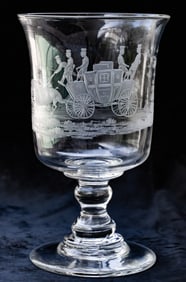 Unusual Chalice w/ Engraved Stage Coach Cut Glass Crystal London to Bath