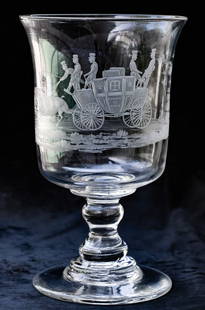 Unusual Chalice w/ Engraved Stage Coach Cut Glass Crystal London to Bath: This oversized chalice features an engraved scene with a stage coach marked "London to Bath." Five men ride along top of the stage coach with four horses pulling them along past an intersection.