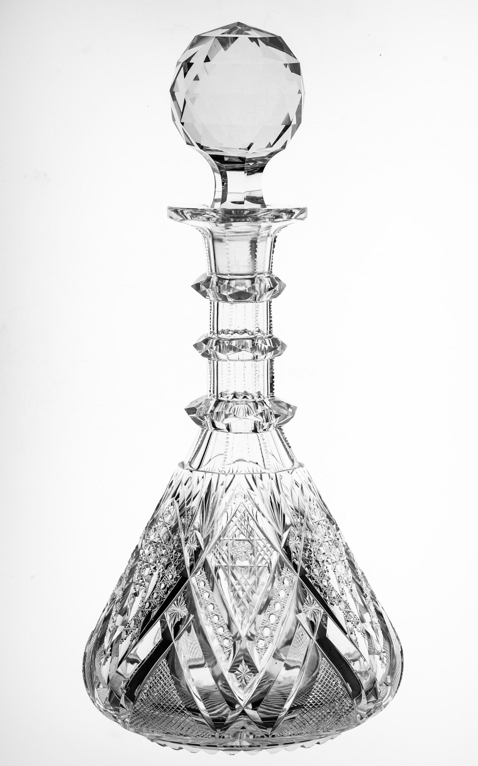 Gorgeous Libbey Imperial American Brilliant Cut Glass Triple Neck Ring Decander: Fantastic triple-neck ring decanter cut in Libbey's desirable Imperial pattern. Features nice triple-miter framed hobstar, unusual hexad/nailhead motif and a wafered base. Great triple lapidary neck r