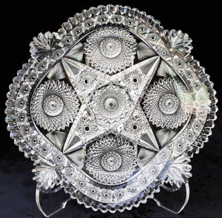 Important Libbey Rosella American Brilliant Period Cut Glass Tray: This incredible 12" tray was cut and signed by Libbey in their extremely rare Rosella design. Rosella was the most expensive pattern shown in the Libbey catalogs and is likely a reason we see so few p