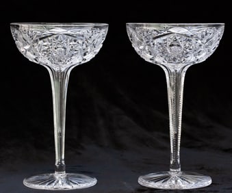 Unusual Pair of Libbey American Brilliant Cut Glass Hollow Stem Champagnes