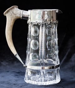 Spectacular Redlich Silver Mounted American Brilliant Cut Glass Pitcher w Antler Handle