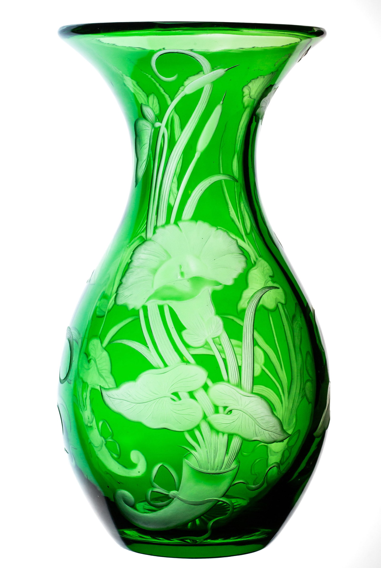 Heavy Green to Clear American Brilliant Period Cut Glass Bowling Pin Vase: This heavy vase is cut and engraved with lilies on one of the deepest emerald color blanks. I believe this is a Dorflinger blank as they cut Montrose on this shape but I am not certain who made this p