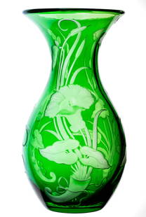 Heavy Green to Clear American Brilliant Period Cut Glass Bowling Pin Vase: This heavy vase is cut and engraved with lilies on one of the deepest emerald color blanks. I believe this is a Dorflinger blank as they cut Montrose on this shape but I am not certain who made this p