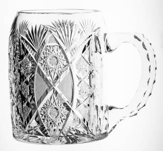 Rare Libbey Corona American Brilliant Period Cut Glass Beer Mug: This is a quite rare item in Brilliant Cut Glass - a beer mug! Most of these feature simple cutting but this one is fully cut in Libbey's Corona design. It's signed Libbey on the handle. Really distin